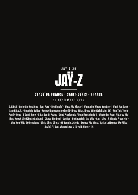 Affiche du concert de JAŸ-Z à Stade de France — fond noir avec la setlist, en attente de votre photo