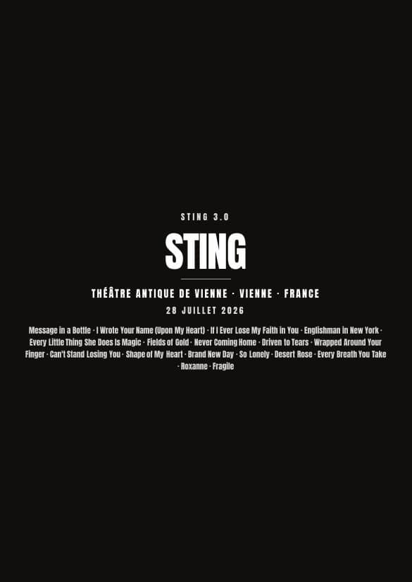 Affiche du concert de Sting à Théâtre Antique de Vienne — fond noir avec la setlist, en attente de votre photo
