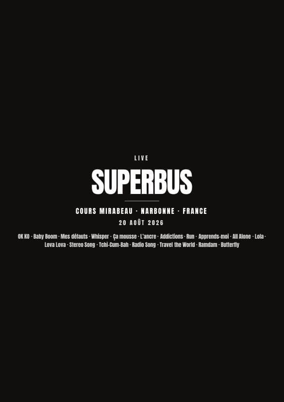 Affiche du concert de Superbus à Cours Mirabeau — fond noir avec la setlist, en attente de votre photo