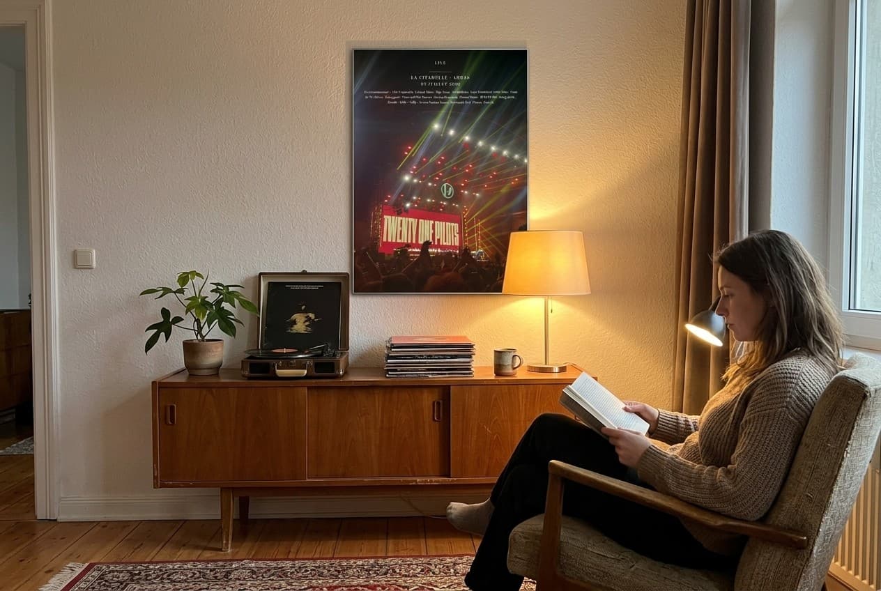 Affiche de concert personnalisée PrintMyConcert au mur d'un salon le soir, au-dessus d'un buffet avec platine vinyle