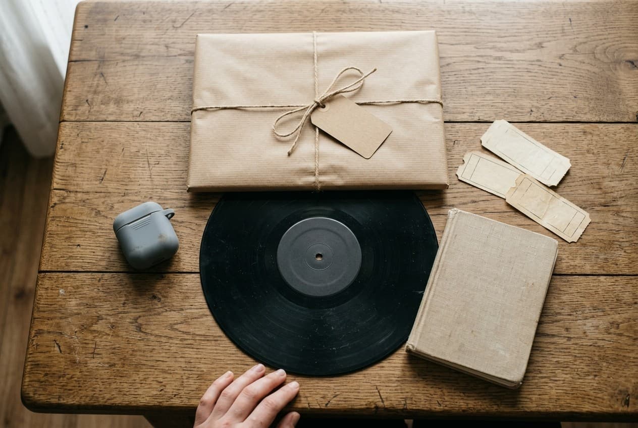 Cadeaux pour un fan de concerts sur une table en bois : paquet kraft, vinyle, carnet, bouchons d'oreilles