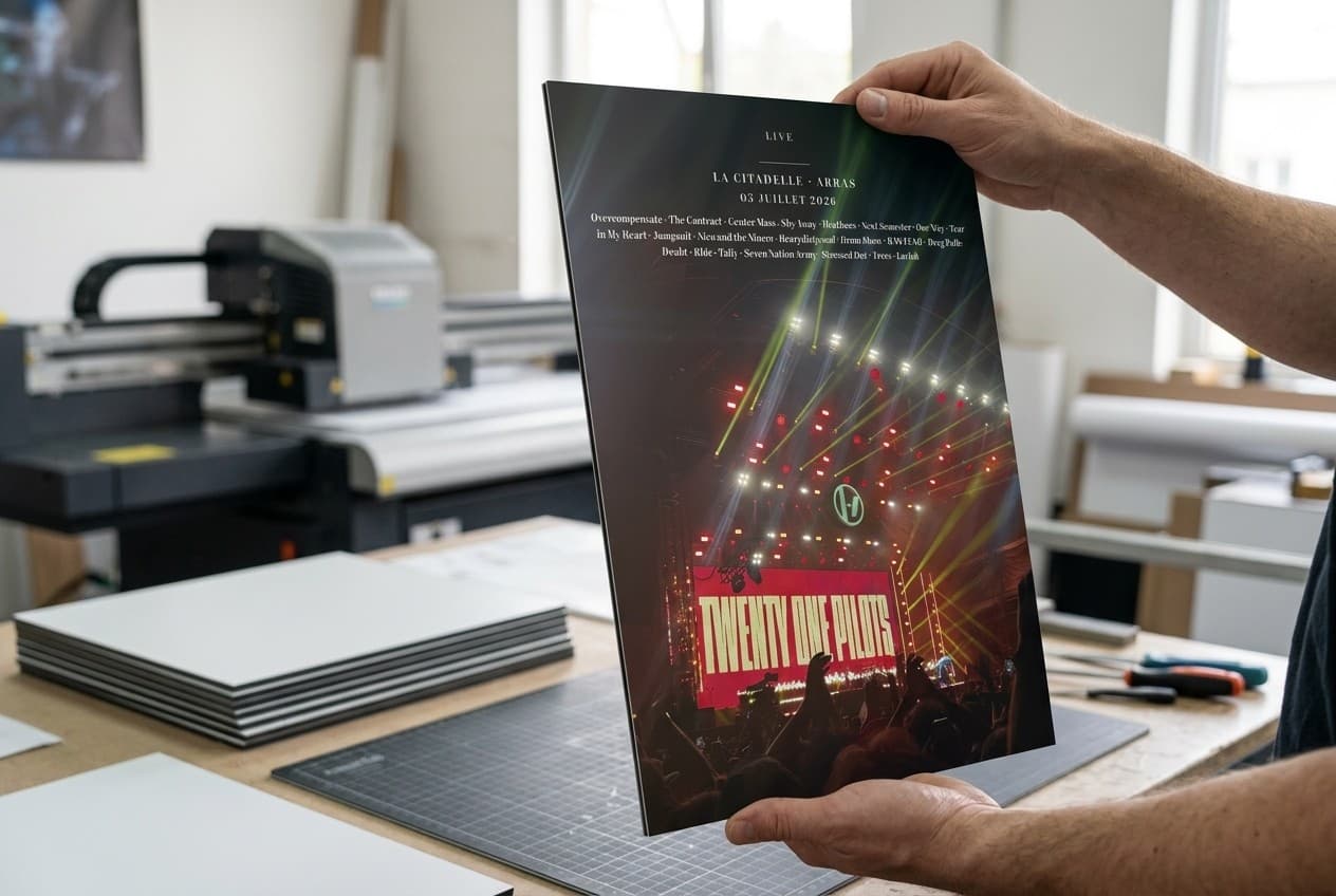 Artisan tenant un print Dibond PrintMyConcert dans l'atelier, imprimante à plat et plaques en arrière-plan