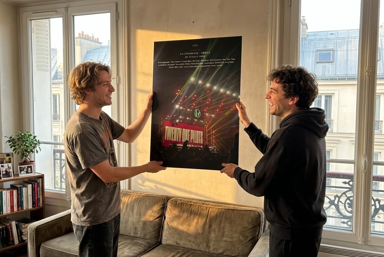 Deux amis accrochent une affiche de concert personnalisée sur Dibond dans un appartement parisien