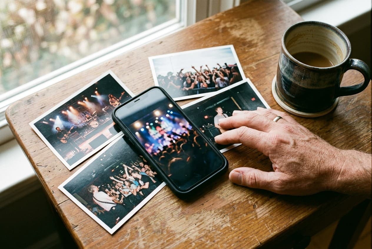 Smartphone et tirages photo de concerts étalés sur une table en bois près d'une fenêtre