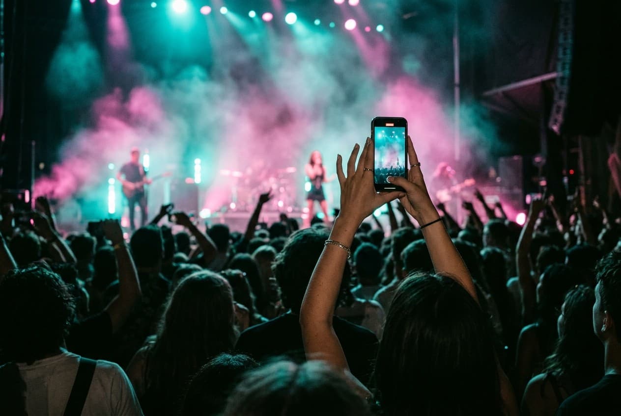 Fan photographiant la scène au smartphone au milieu de la foule d'un concert