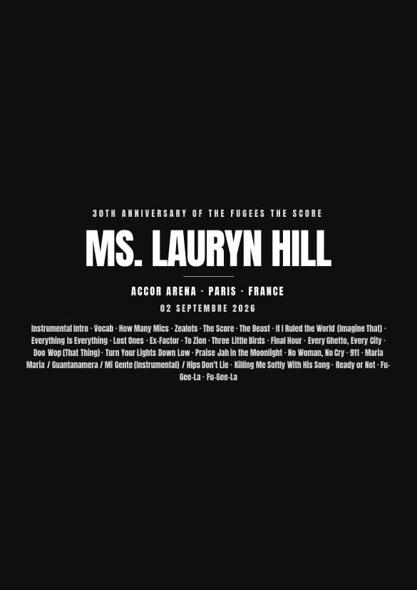 Affiche du concert de Ms. Lauryn Hill à Accor Arena — fond noir avec la setlist, en attente de votre photo